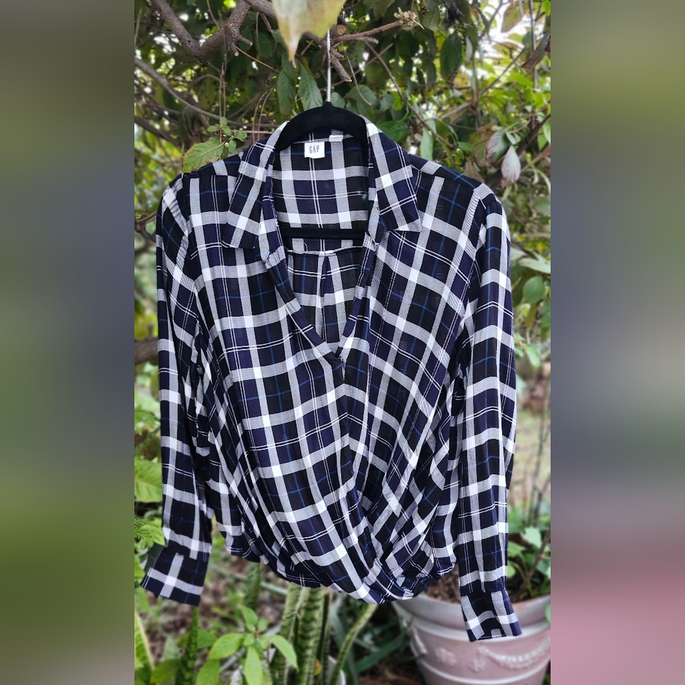 GAP Black and White Checkered Blouse